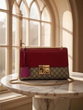 Gucci Red and Beige GG Supreme Crossbody with Gold Chain